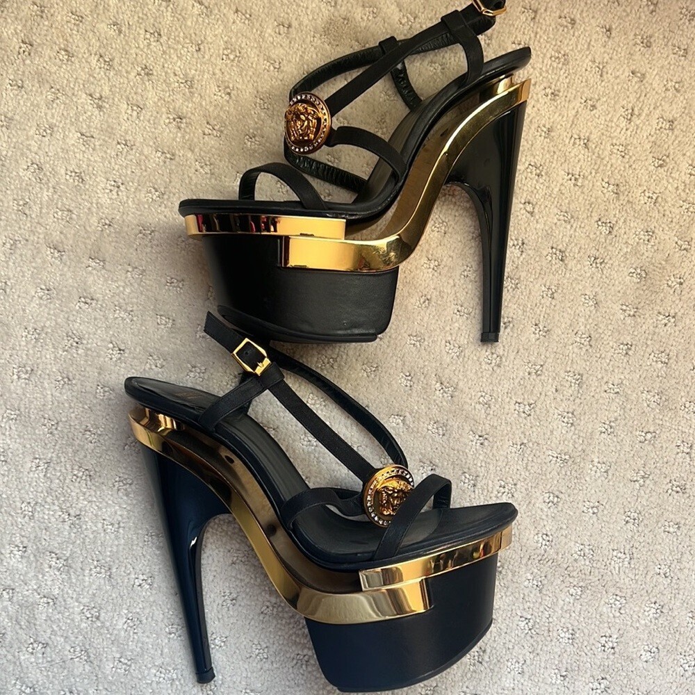 VERSACE Triple Platform Black Gold Medusa Swarovski Crystals Sandals Heels bling